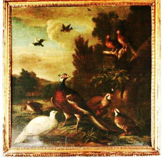 Oil On Canvas, Landscape With Pheasants, 18th C.: Oil on canvas, French School, apparently unsigned, circa 18th century. Unframed dimensions: 39 1/2 x 39 1/2 inches. Framed dimensions: 45 x 45 inches. Provenance: By descent to the present owner from