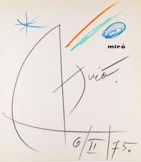 Joan Miro Frontispiece Sketch: Original crayon souvenir sketch, untitled abstract, attributed to Joan Miro (1893-1983) and executed on the frontispiece of "Miro" by Jacques Dopagne. Pencil signed and dated, 6 / II / 75. Very good c