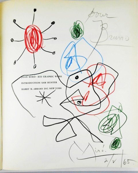 Joan Miro Colored Pencil Book Sketch: Original colored pencil sketch, untitled abstract composition, attributed to Joan Miro (1893-1983) and executed on the title page of "Joan Miro: His Graphic Work", hard cover edition, introduction by 