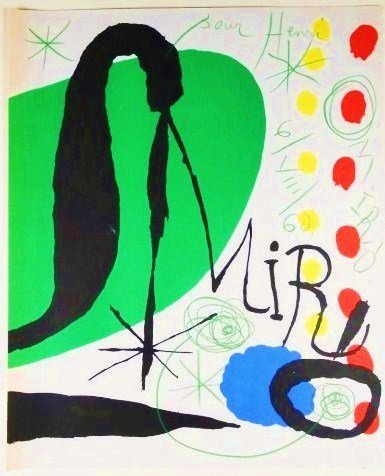 Joan Miro (1893-1983) Print With Crayon Additions: Multi-color print, untitled abstract, with extensive green crayon additions, attributed to Joan Miro (1893-1983. Signed in the plate and also in green crayon along the right hand margin. Inscribed at 