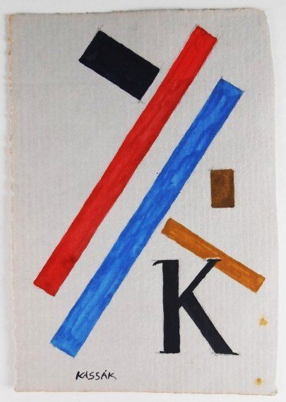 Lajos Kassak (1887-1967) Original Watercolor: Original watercolor (with traces of pencil) on gray handmade paper, untitled abstract, by Lajos Kassak. Signed lower left. 6 1/2 x 4 5/8 inches. Good condition. Unframed. Lot Note: Lajos Kassak was a 