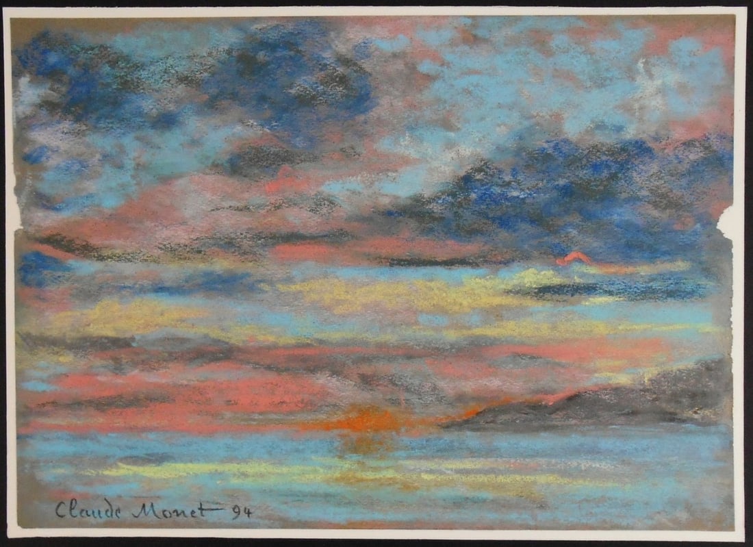 Claude Monet* (1840-1926) Pastel (See Disclaimer): Pastel on gray paper laid down to museum board, seascape with cloudy sky at sunrise, signed and dated (Claude Monet*, 1840-1926). 7 3/4 x 10 3/4 inches. Very good condition overall; no visible damage