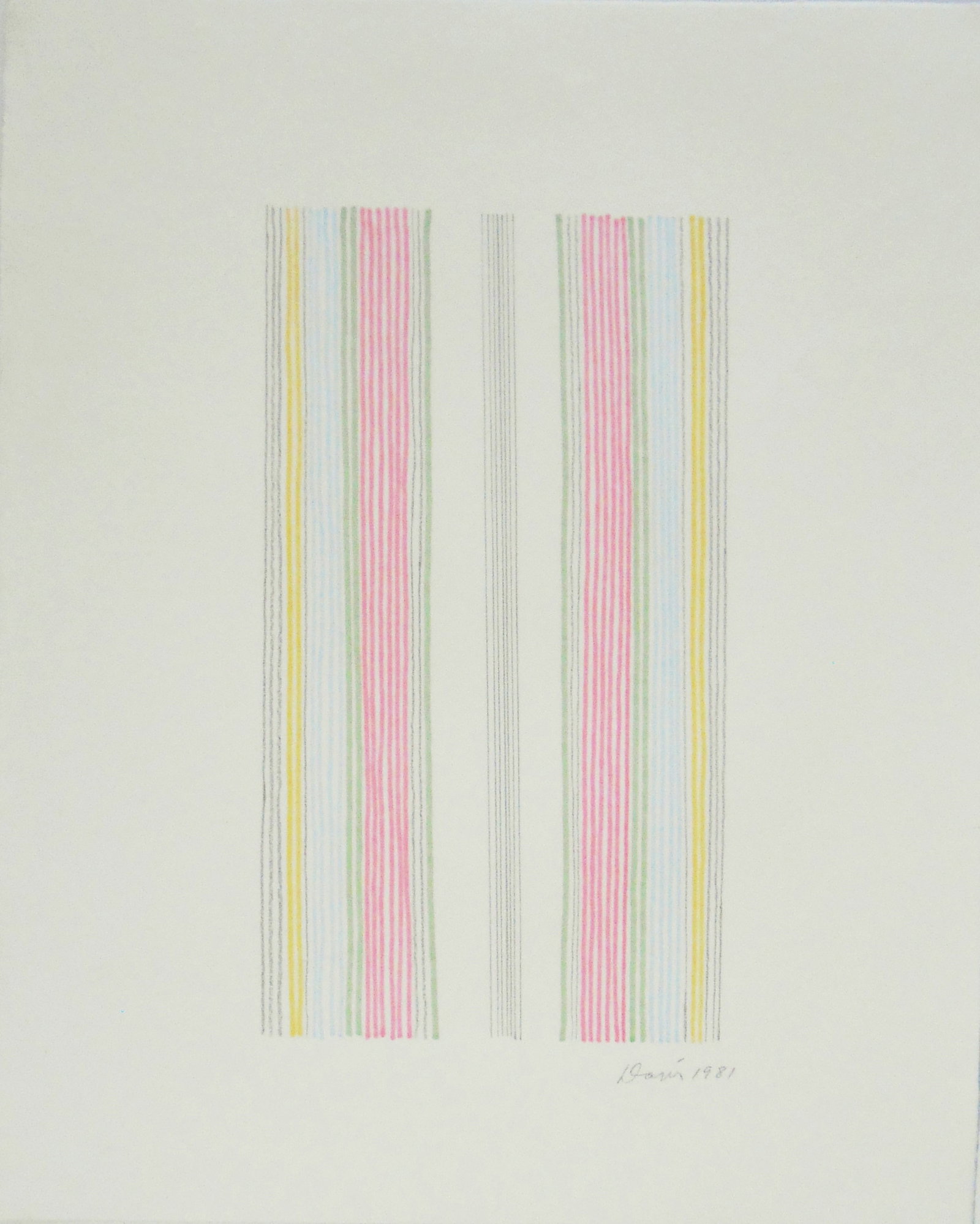 Gene Davis* (1920-1985) Mixed Media Drawing (See Disclaimer): Drawing with colored inks, pencil, and colored pencil on off-white wove paper, untitled. Pencil signed and dated 1981 (Gene Davis*, 1920-1985). 23 3/4 x 19 inches. Excellent condition; having no damag