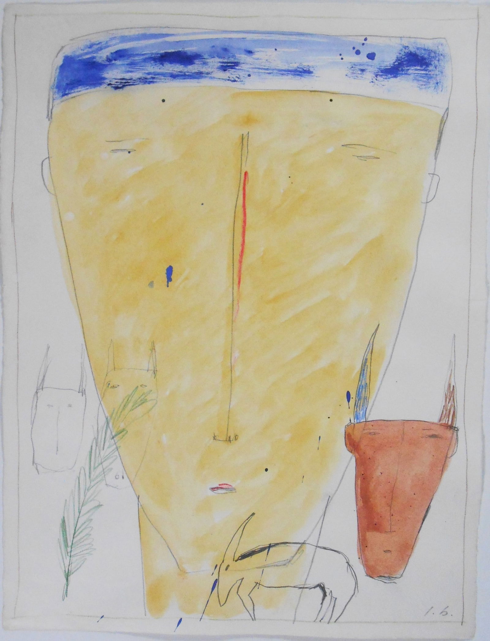 James Brown (1951-2020) Mixed Media On Paper: Mixed media drawing (pencil, colored pencil, watercolor, and gouache) on smooth handmade white paper, untitled abstract with figures, by James Brown (1951-2020). Signed with the artist's initials. Cir