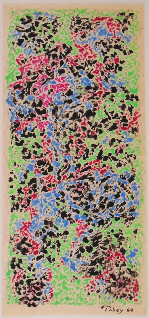 Mark Tobey* (1890-1976) Tempera On Paper (See Guarantee & Disclaimer): Tempera and graphite on Japon paper, untitled abstract, signed and dated (Mark Tobey*, 1890-1976). 8 5/8 x 4 inches. Very good condition, having no apparent damage or repairs. Removed from frame for i