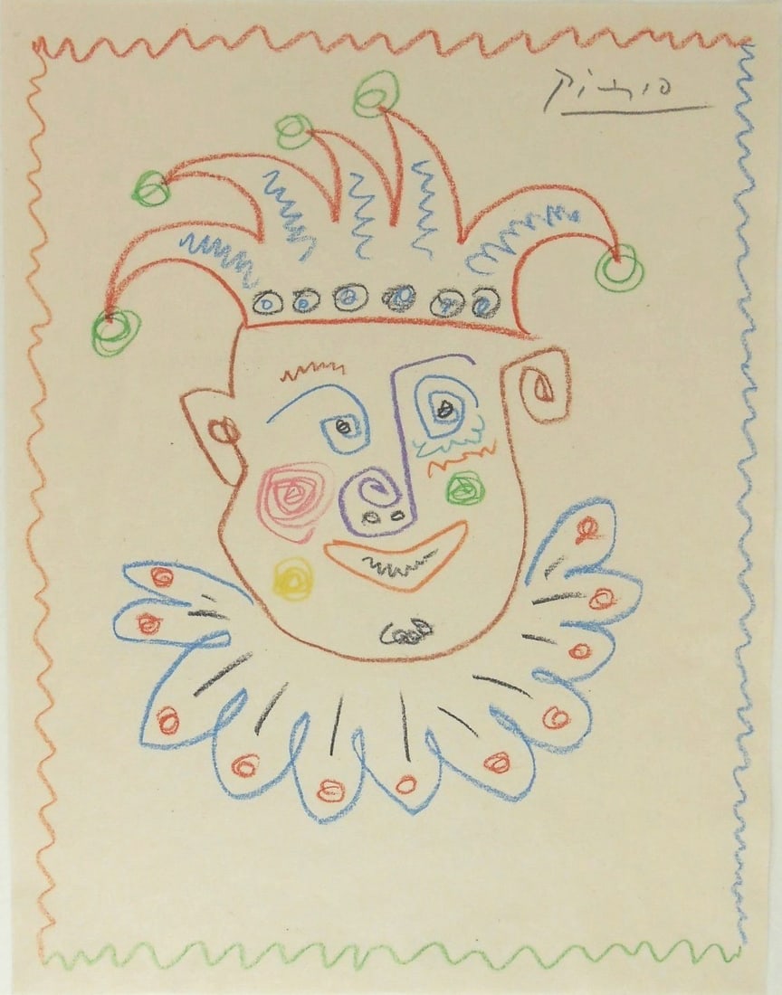 Pablo Picasso* (1881-1973) Colored Pencil Drawing (See Guarantee & Disclaimer): Colored pencil drawing on handmade paper, portrait of a Harlequin or jester, pencil signed (Pablo Picasso*, 1881-1973). 12 1/2 x 9 5/8 inches. Very good condition overall. Removed from frame for inspe