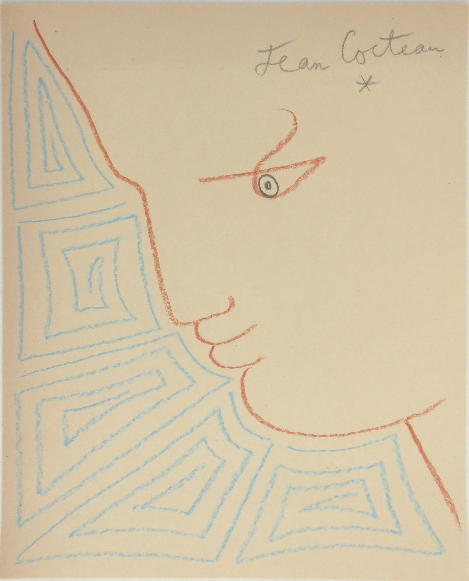 Jean Cocteau* (1889-1963) Colored Pencil (See Guarantee & Disclaimer): Colored pencil drawing on cream-color wove paper, Orpheus with blue arabesques, pencil signed upper right corner (Jean Cocteau*, 1889-1963). Circa 1960. 9 7/8 x 8 inches. Excellent condition, having n