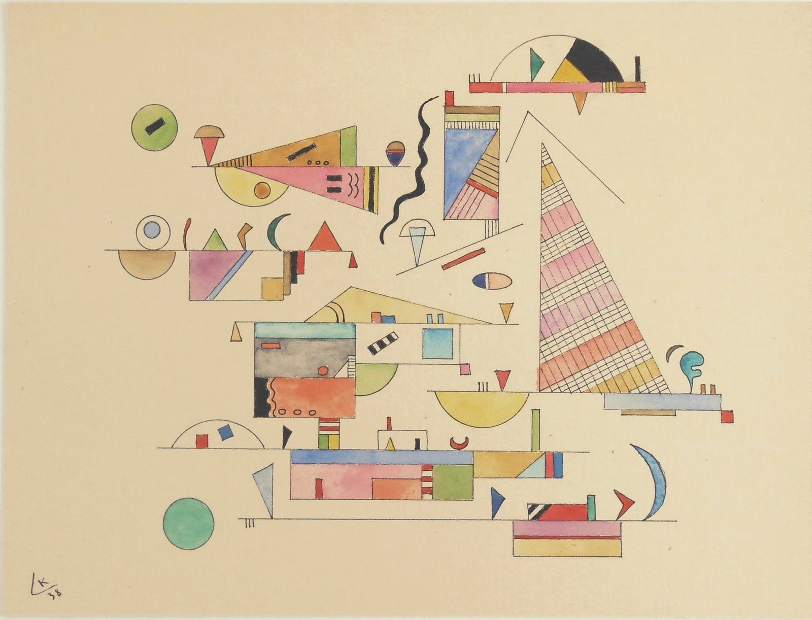 Wassily Kandinsky* (1866-1944) Watercolor (See Guarantee & Disclaimer): Watercolor and black ink on heavy wove paper, untitled abstract, signed with the artist's monogram and dated (Wassily Kandinsky*, 1866-1944). 8 1/2 x 11 1/4 inches. Excellent condition overall; no dam