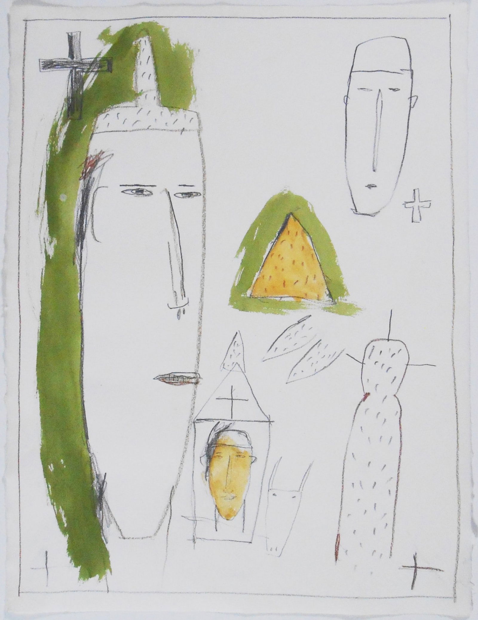 James Brown (1951-2020) Mixed Media On Paper: Mixed media drawing (pencil, gouache, and watercolor) on smooth handmade white paper, untitled abstract with figures, by James Brown (1951-2020). Signed on the reverse and dated 1983. 20 1/2 x 15 1/2