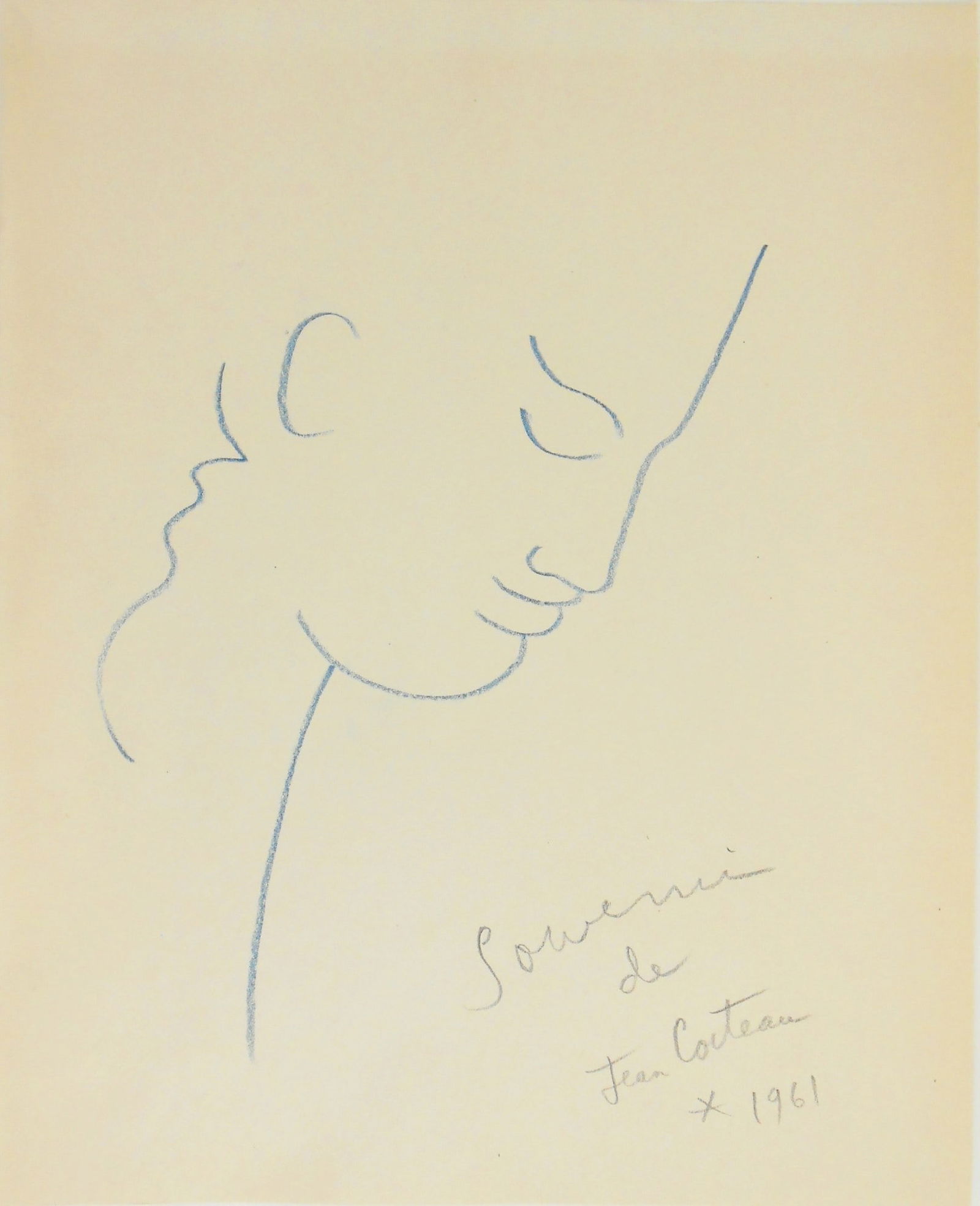 Jean Cocteau* (1889-1963) Colored Pencil (See Guarantee & Disclaimer): Blue colored pencil drawing on wove paper, face in profile, pencil signed, inscribed and dated 1961 (Jean Cocteau*, 1889-1963). 12 x 9 5/8 inches. Excellent condition, having no visible damage or repa