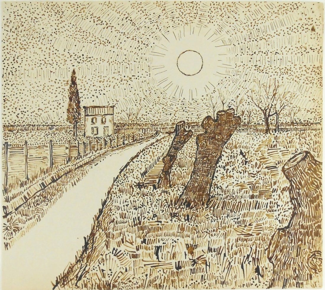 Vincent Van Gogh* (1853-1890) Ink Drawing (See Guarantee & Disclaimer): Pen and ink drawing on wove paper, landscape with house and trees, signed (Vincent van Gogh*, 1853-1890). 10 1/2 x 11 5/8 inches. Very good condition; no visible damage or repairs. Removed from frame 