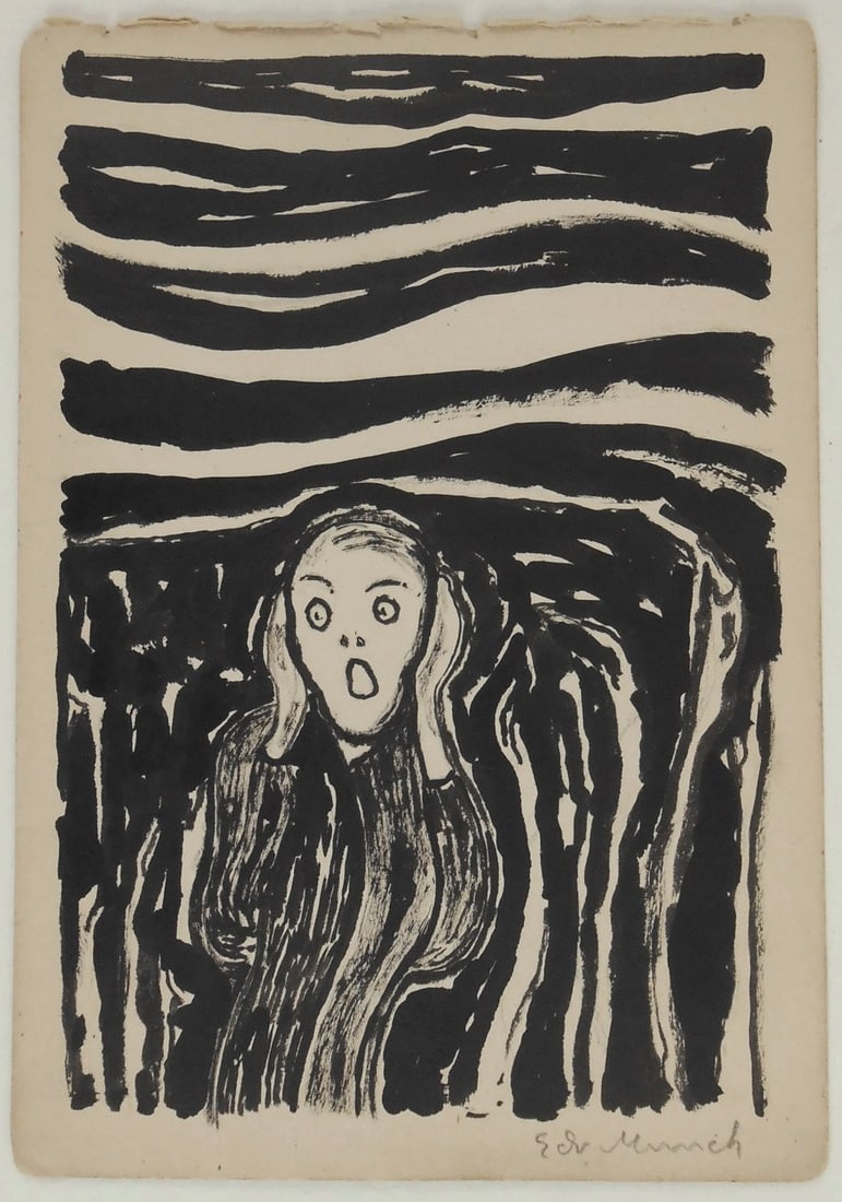 Edvard Munch* (1863-1944) Ink Drawing (See Guarantee & Disclaimer): Black ink drawing on wove paper (appears to be the end paper for a sketchbook), study for "The Scream", pencil signed (Edvard Munch*, 1863-1944). 7 1/4 x 5 inches. Very good condition overall; no appa