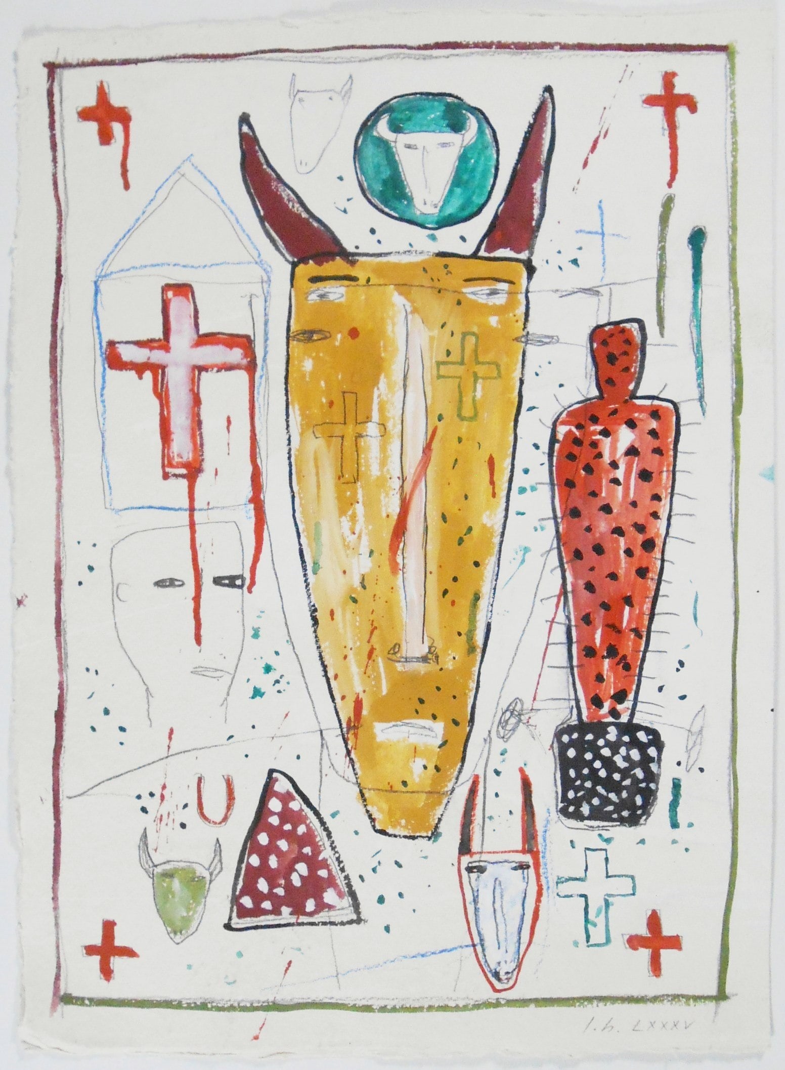 James Brown (1951-2020) Mixed Media Drawing: Mixed media drawing (pencil and gouache) on very heavy handmade paper, untitled abstract with figures, by James Brown (1951-2020). Signed with the artist's initials and dated in Roman Numerals, '85. 2