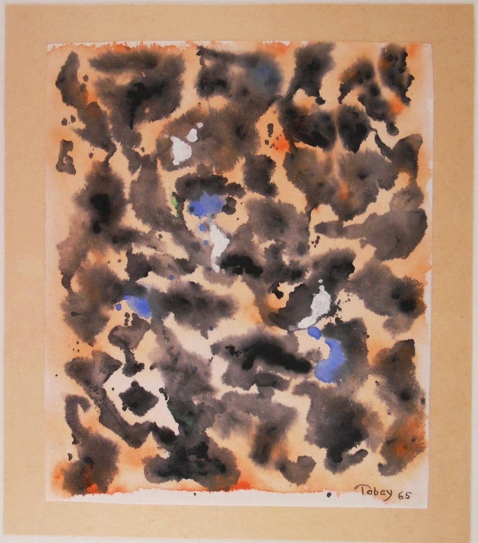 Mark Tobey* (1890-1976) Watercolor On Paper (See Guarantee & Disclaimer): Watercolor on laid rice paper mounted to heavy cardstock, untitled abstract, signed and dated (Mark Tobey*, 1890-1976). 8 1/2 x 7 1/8 inches. (9 7/8 x 8 5/8 inches with mount). Very good condition, ha