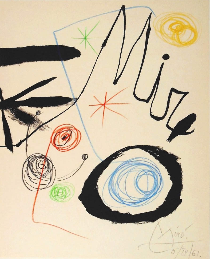 Joan Miro* (1893-1983) Colored Pencil Drawing (See Guarantee & Disclaimer): Colored pencil on printed book page, untitled souvenir sketch, pencil signed and dated (Joan Miro*, 1893-1983). 12 1/2 x 10 1/8 inches. Very good condition, having no visible damage or repairs. Remove