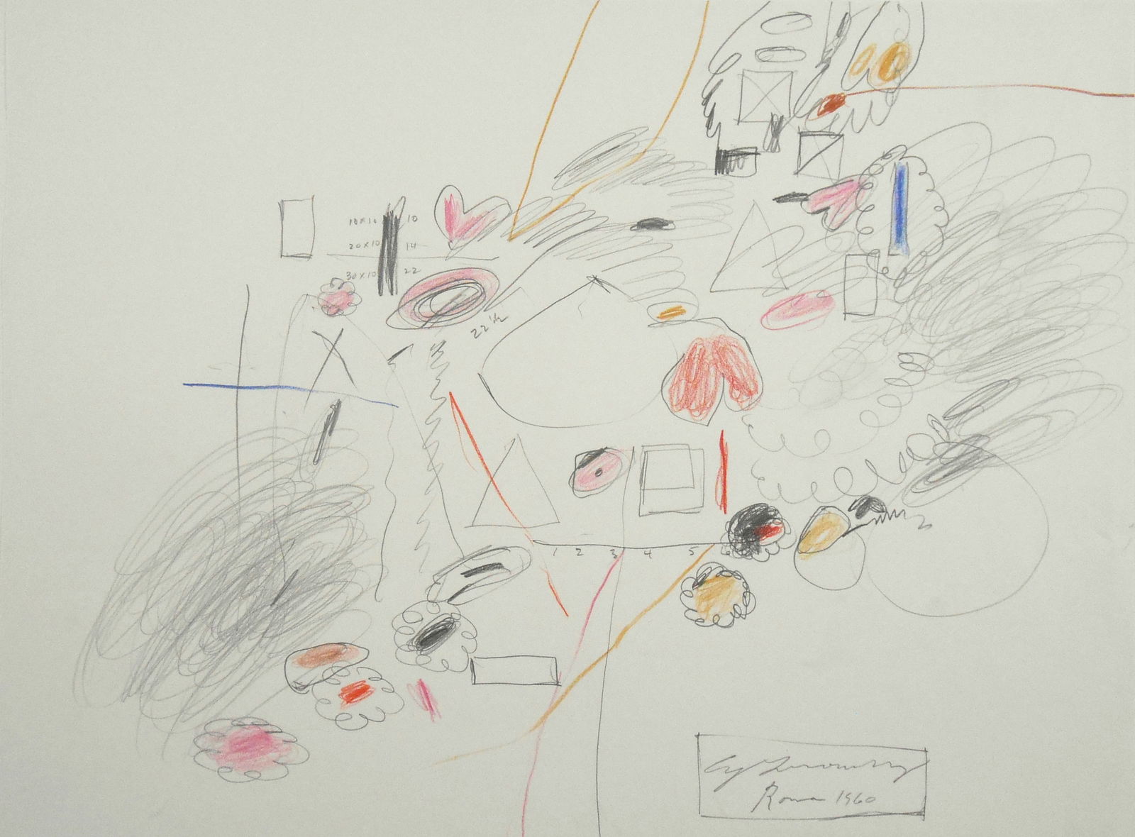 Cy Twombly* (1928-2011) Mixed Media Drawing (See Guarantee & Disclaimer): Pencil, colored pencil, and wax crayon drawing on smooth wove paper, untitled abstract, signed, dated, and inscribed "Roma" (Cy Twombly*, 1928-2011). 18 x 23 7/8 inches. Very good condition; no repair