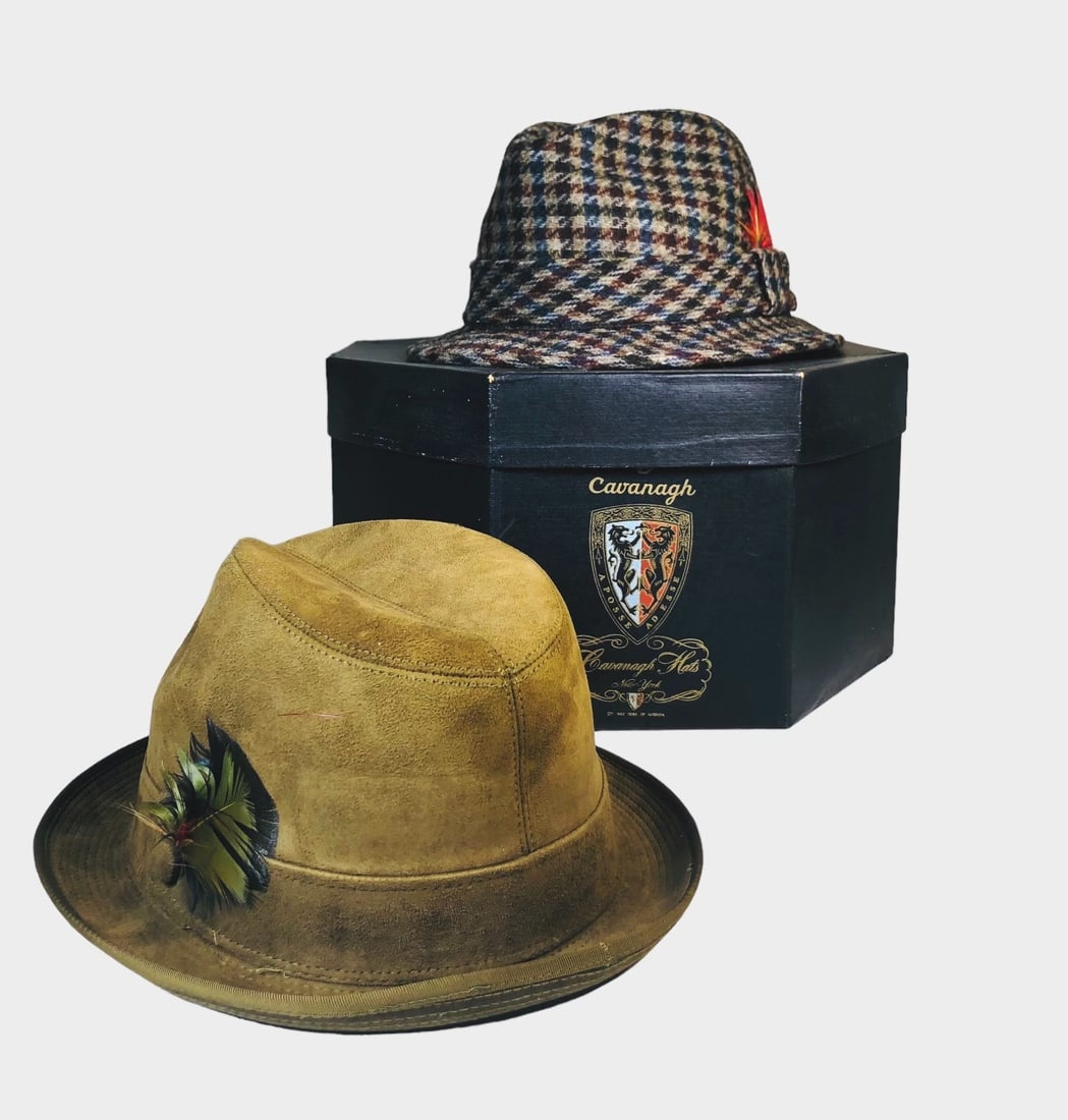 Two Vintage Fedoras: Two vintage fedoras, one with its original box. Circa 1960s. Very good condition.
