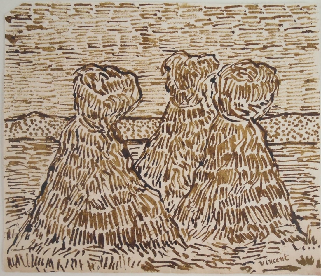 Vincent Van Gogh* (1853-1890) Ink Drawing (See Guarantee & Disclaimer): Brown ink drawing on wove paper, haystacks, signed (Vincent van Gogh*, 1853-1890). 4 5/8 x 5 3/8 inches. Very good condition overall. Sold unframed. Provenance: Property of a prominent Canadian collec