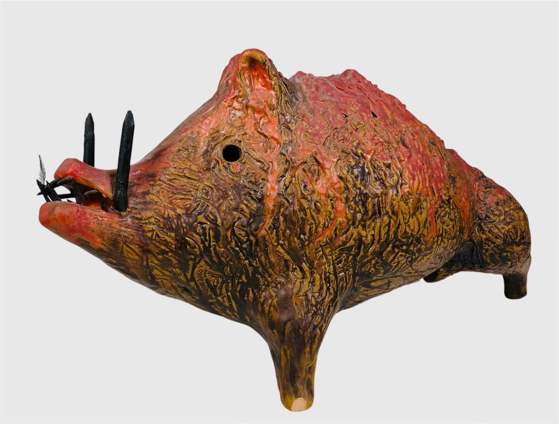 Glazed Ceramic Boar By Alvino Bagni (1919-2000): Wild boar sculpture by Alvino Bagni (1919-2000). L. 15 inches H. 8 inches. Appears to be in very good condition.
