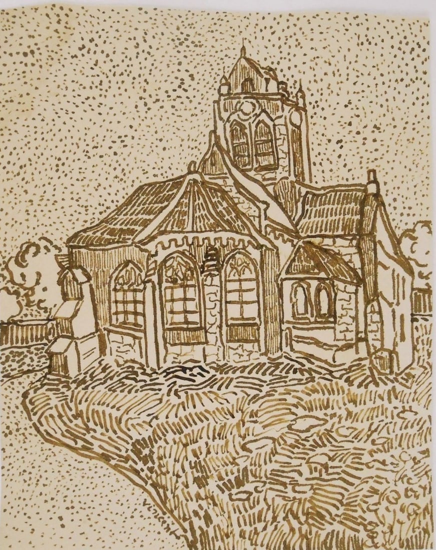 Vincent Van Gogh* (1853-1890) Ink Drawing (See Guarantee & Disclaimer): Pen and ink drawing on wove paper, church, signed (Vincent van Gogh*, 1853-1890). 6 x 4 3/4 inches. Very good condition; no visible damage or repairs. Removed from frame for pre-auction inspection, ph