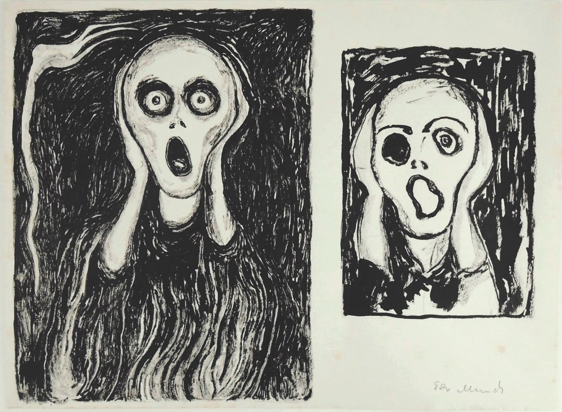 Edvard Munch* (1863-1944) Ink Drawing (See Guarantee & Disclaimer): Black ink drawing on cream-colored wove paper, two studies for "The Scream", pencil signed (Edvard Munch*, 1863-1944). 9 3/8 x 12 3/4 inches. Very good condition overall; some foxing present, consiste