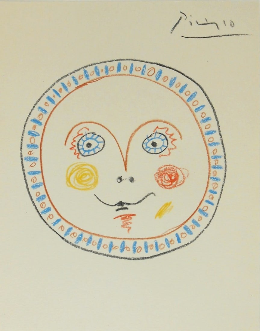 Pablo Picasso* (1881-1973) Colored Pencil Drawing (See Guarantee & Disclaimer): Colored pencil drawing on laid paper, design for a ceramic plate, pencil signed (Pablo Picasso*, 1881-1973). 9 1/2 x 7 1/2 inches. Very good condition overall. Removed from frame for inspection, photo