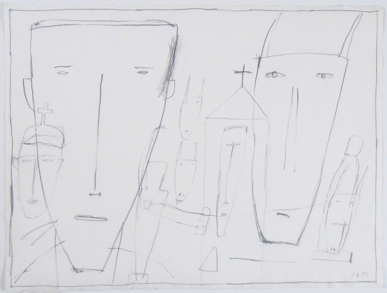 James Brown (1951-2020) Pencil Drawing: Pencil drawing on smooth handmade white paper, untitled abstract with figures, by James Brown (1951-2020). Signed with the artist's initials and dated '83. 15 1/2 x 20 1/2 inches. Excellent overall co