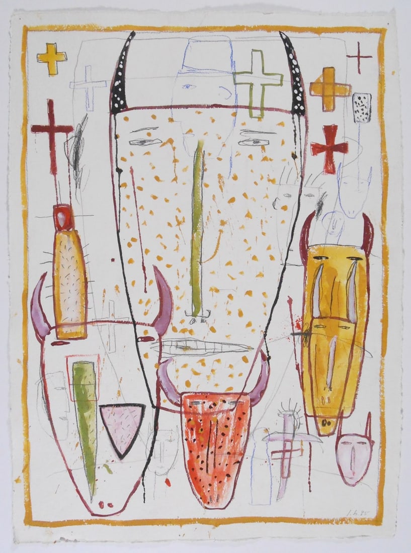 James Brown (1951-2020) Mixed Media On Paper: Mixed media drawing (pencil, gouache, watercolor, etc) on very heavy handmade paper, untitled abstract with figures, by James Brown (1951-2020). Signed with the artist's initials and dated '85. 30 1/2
