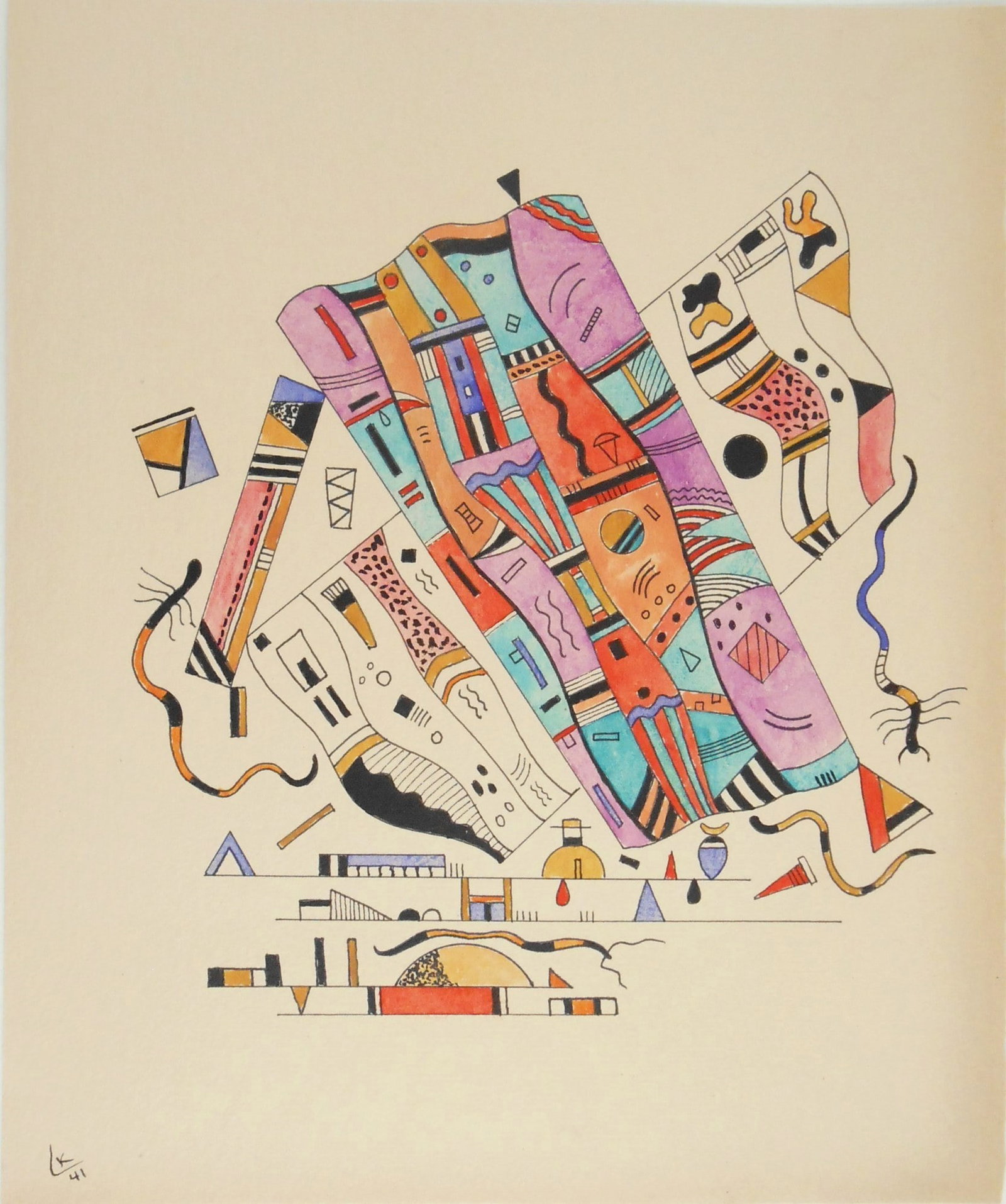 Wassily Kandinsky* (1866-1944) Watercolor (See Guarantee & Disclaimer): Watercolor and black ink on wove paper, untitled abstract, signed with the artist's monogram and dated (Wassily Kandinsky*, 1866-1944). 11 1/2 x 9 1/2 inches. Excellent condition overall; no damage no