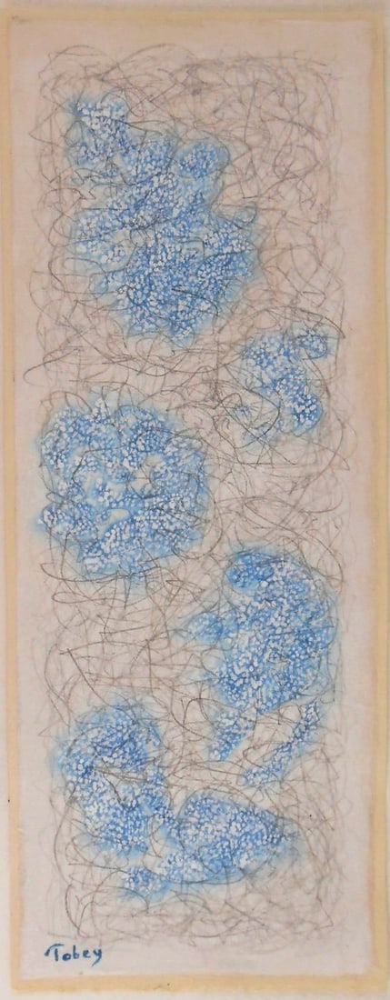 Mark Tobey* (1890-1976) Tempera On Paper (See Guarantee & Disclaimer): Tempera and graphite on laid rice paper with paper mount, untitled abstract, signed (Mark Tobey*, 1890-1976). 12 1/4 x 4 3/4 inches. Very good condition, having no apparent damage or repairs. Removed