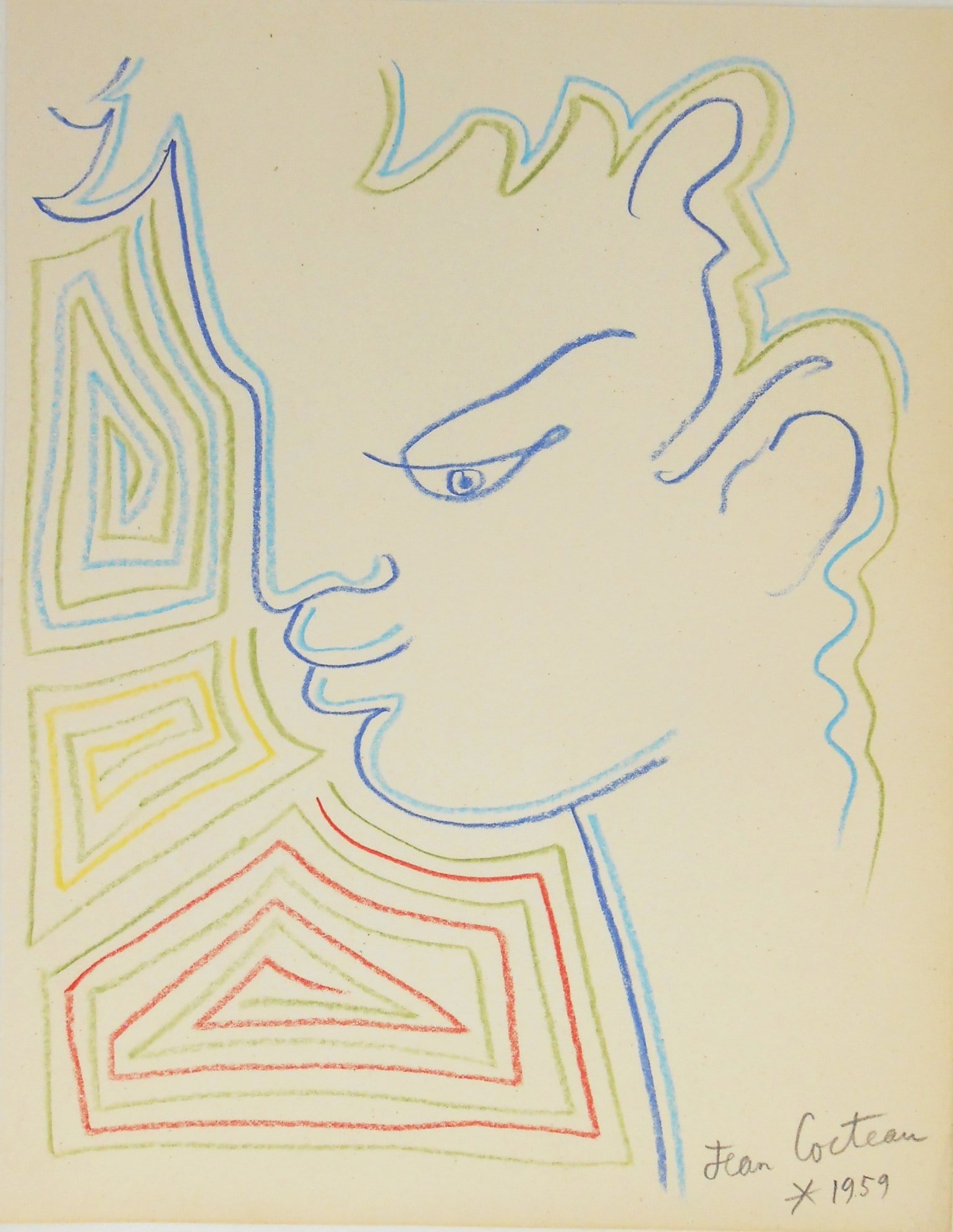 Jean Cocteau* (1889-1963) Colored Pencil (See Guarantee & Disclaimer): Colored pencil drawing on wove paper, Orpheus with arabesques, pencil signed and dated 1959 (Jean Cocteau*, 1889-1963). 11 3/8 x 9 inches. Excellent condition, having no visible damage or repairs. Sol