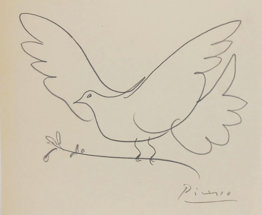Pablo Picasso* (1881-1973) Pencil Drawing (See Guarantee & Disclaimer): Pencil drawing on wove paper, flying dove of peace, signed (Pablo Picasso*, 1881-1973). 6 1/4 x 7 3/4 inches. Very good condition. No apparent damage or repairs. Sold unframed, Provenance: Property of