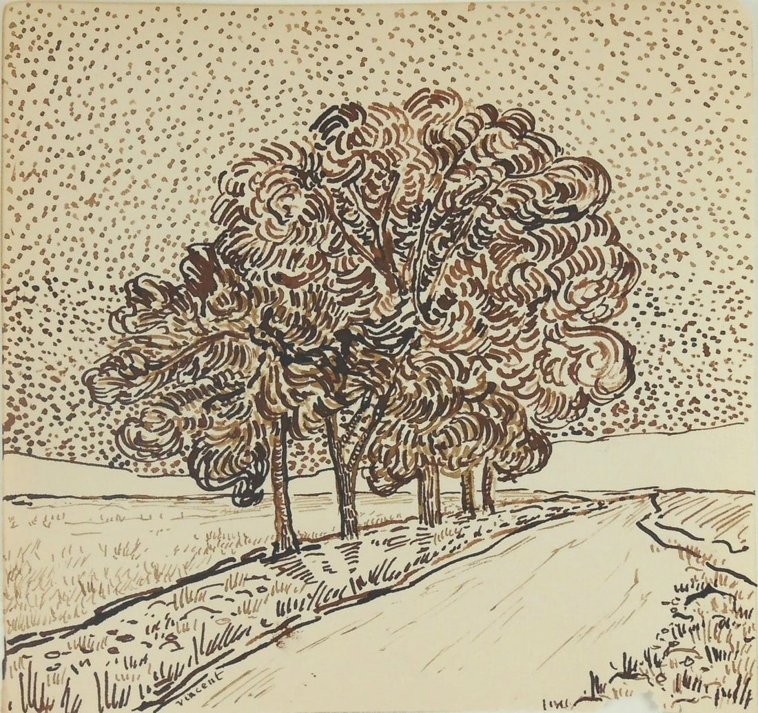 Vincent Van Gogh* (1853-1890) Pen & Ink Drawing (See Guarantee & Disclaimer): Pen and ink drawing on laid paper, landscape with trees along a country road, signed (Vincent van Gogh*, 1853-1890). 7 1/8 x 7 1/2 inches. Small paper loss at lower edge, otherwise very good condition