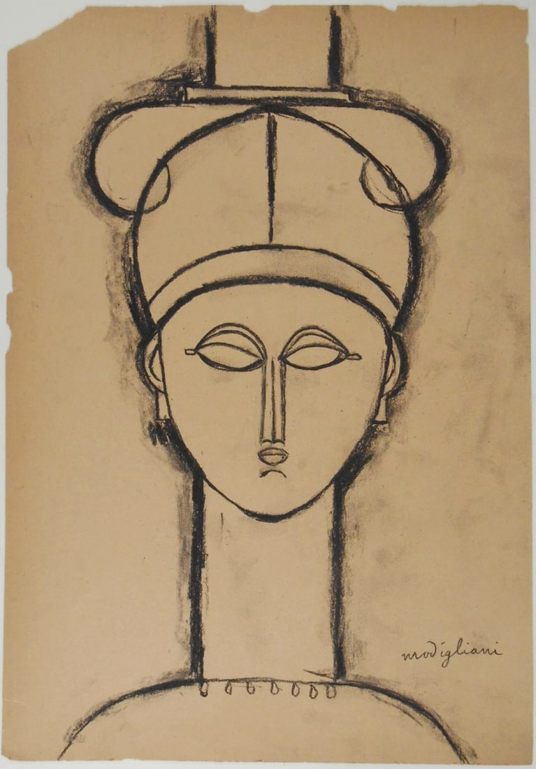 Amedeo Modigliani* (1884-1920) Charcoal Drawing (See Guarantee & Disclaimer): Charcoal drawing on tan wove paper, Tete, signed (Amedeo Modigliani*, 1884-1920). 14 x 9 3/4 inches. Margin flaws, small paper losses, a few minor imperfections, otherwise good condition. Removed from