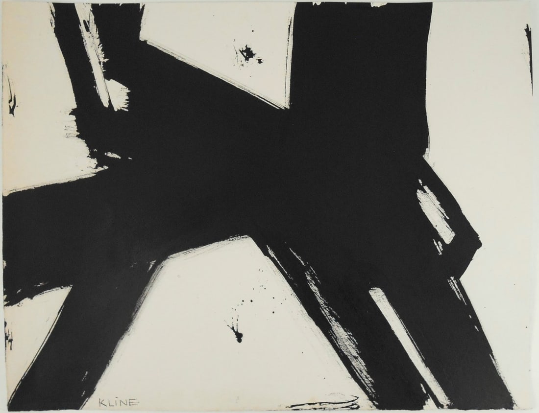 Franz Kline* (1910-1962) Ink Drawing (See Guarantee & Disclaimer): Brush and black ink drawing on wove paper, untitled abstract, signed (Franz Kline*, 1910-1962). 12 1/4 x 15 3/4 inches. Very good condition. No apparent damage or repairs. Sold unframed. Provenance: R