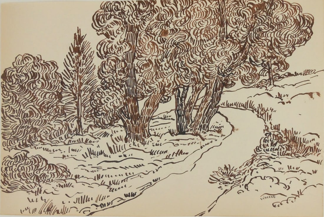 Vincent Van Gogh* (1853-1890) Pen & Ink Drawing (See Guarantee & Disclaimer): Pen and ink drawing on laid paper, landscape with path, signed (Vincent van Gogh*, 1853-1890). 7 1/4 x 11 inches. Very good condition, having no readily apparent damage or repairs. Removed from frame 