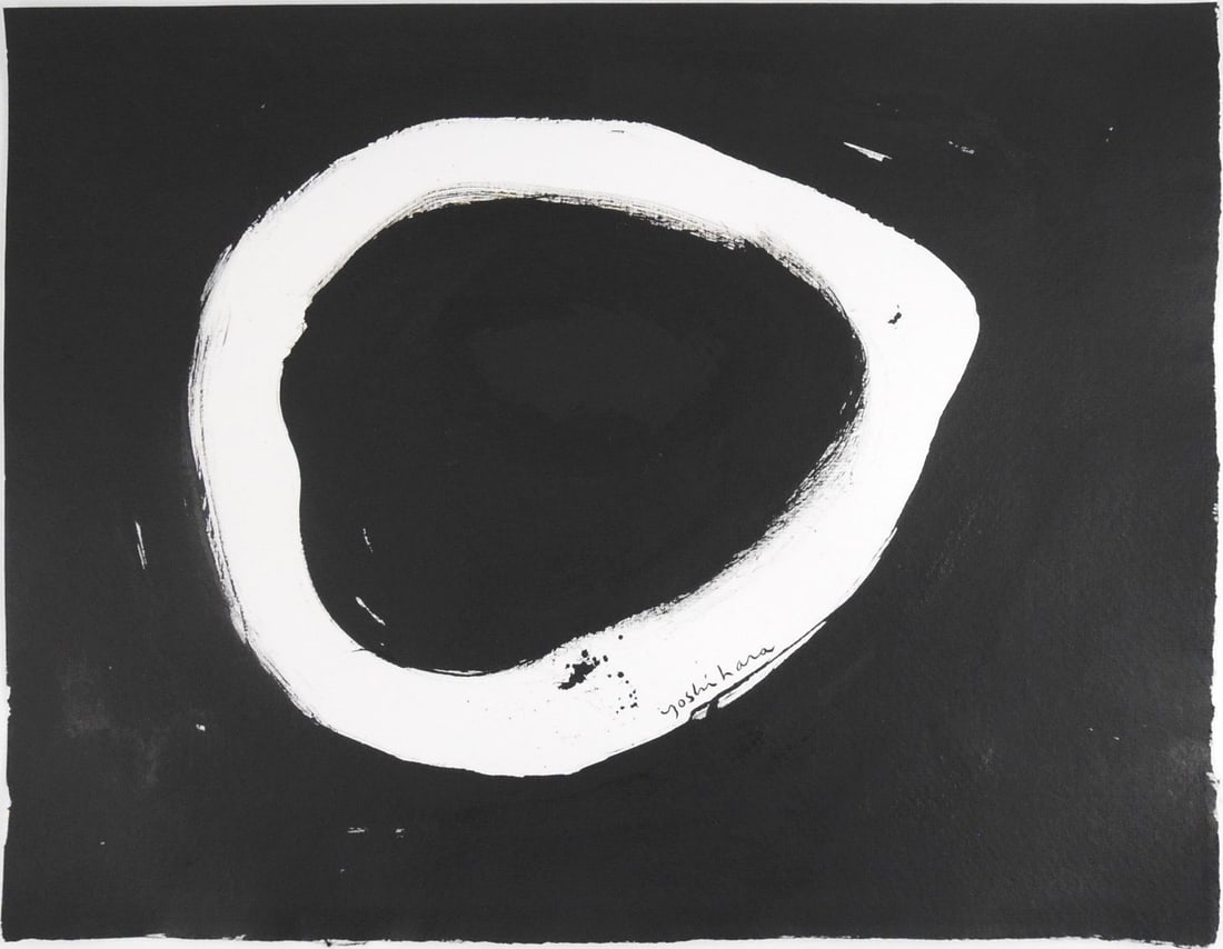 Jiro Yoshihara* (1905-1972) Ink Drawing (See Guarantee & Disclaimer): Black ink drawing on laid paper, untitled abstract with circles, signed (Jiro Yoshihara*, 1905-1972). 11 1/2 x 15 inches. Excellent condition overall, having no apparent damage or repairs. Unframed fo