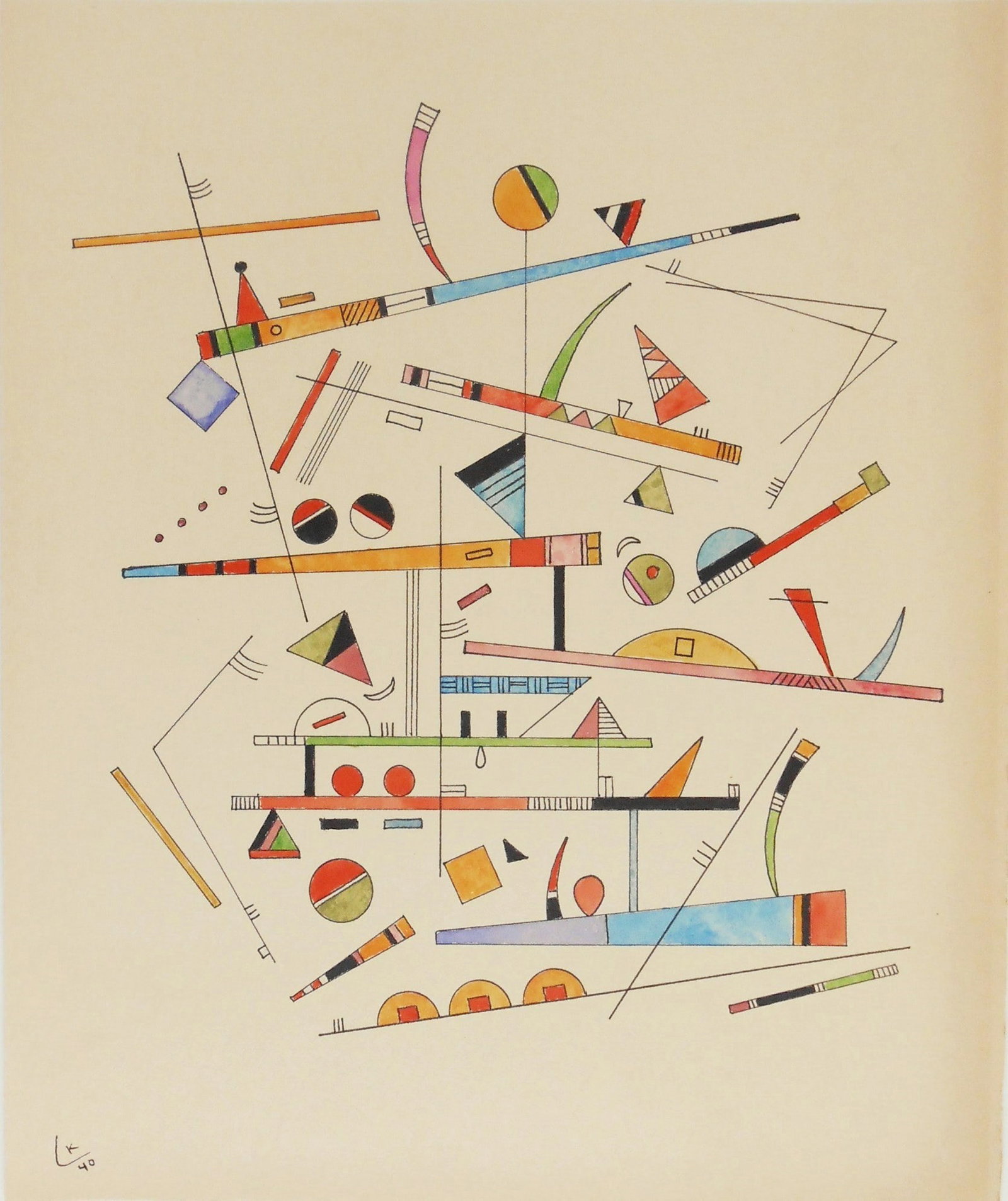 Wassily Kandinsky* (1866-1944) Watercolor (See Guarantee & Disclaimer): Watercolor and black ink on wove paper, untitled abstract, signed with the artist's monogram and dated (Wassily Kandinsky*, 1866-1944). 11 1/2 x 9 1/2 inches. Excellent condition overall; no damage no