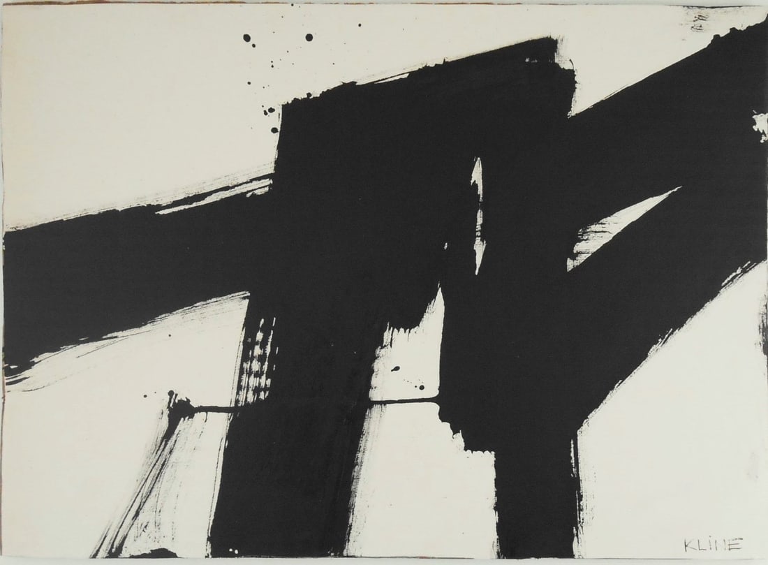 Franz Kline* (1910-1962) Ink Drawing (See Guarantee & Disclaimer): Brush and black ink drawing on wove paper mounted to cardboard, untitled abstract, signed (Franz Kline*, 1910-1962). 11 1/4 x 15 3/4 inches. Very good condition. No apparent damage or repairs. Removed