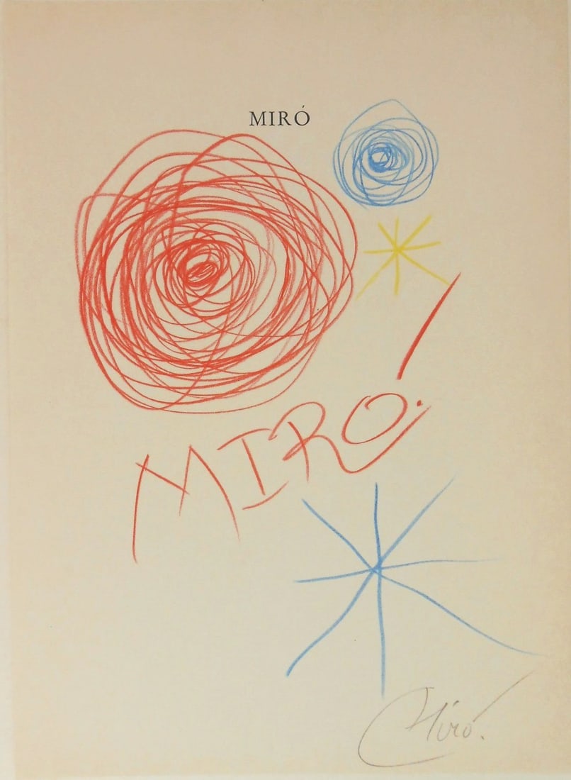 Joan Miro* (1893-1983) Colored Pencil Drawing (See Guarantee & Disclaimer): Colored pencil souvenir drawing on printed book page, pencil signed (Joan Miro*, 1893-1983). 11 x 7 7/8 inches. Very good condition, having no visible damage or repairs. Removed from frame for inspect