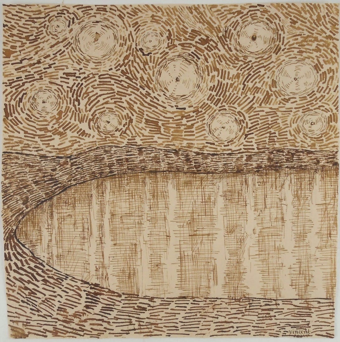 Vincent Van Gogh* (1853-1890) Pen & Ink Drawing (See Guarantee & Disclaimer): Pen and ink drawing on laid paper, starlit night over a lake, signed (Vincent van Gogh*, 1853-1890). 8 3/8 x 8 1/4 inches. Very good condition, having no readily apparent damage or repairs. Removed fr