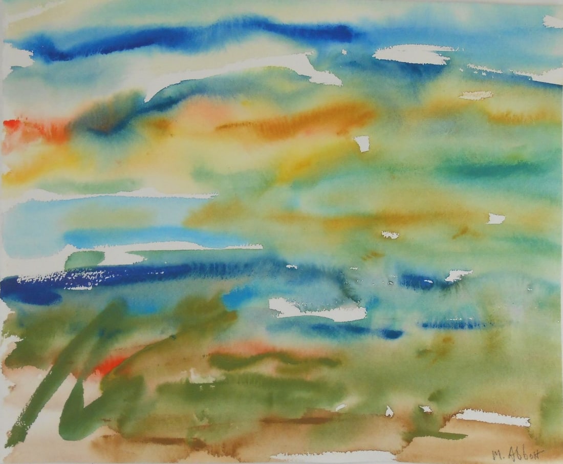 Mary Abbott (1921-2019) Watercolor (See Guarantee): Watercolor by Mary Abbott (1921-2019) on heavy weight wove paper, untitled abstract, pencil signed, lower right corner. 13 7/8 x 16 3/4 inches. Very good condition, having no apparent damage or repair