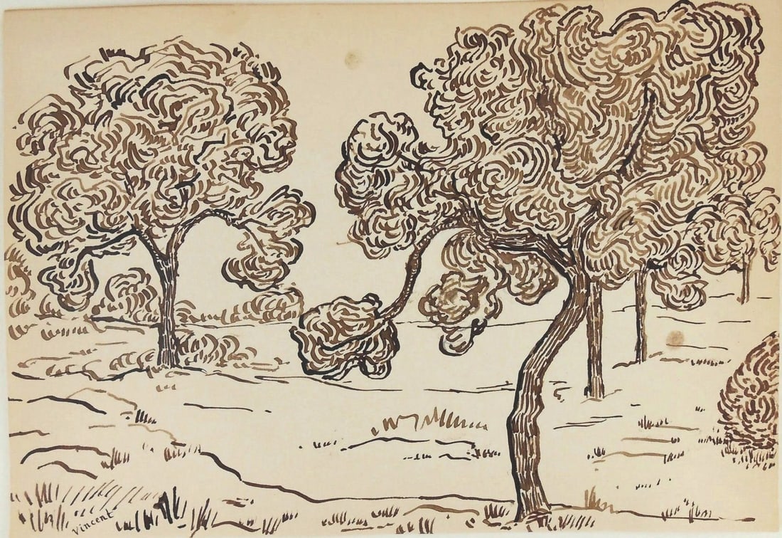 Vincent Van Gogh* (1853-1890) Pen & Ink Drawing (See Guarantee & Disclaimer): Pen and ink drawing on laid paper, landscape with trees, signed (Vincent van Gogh*, 1853-1890). 7 1/2 x 10 7/8 inches. Very good condition, having no readily apparent damage or repairs. Removed from f