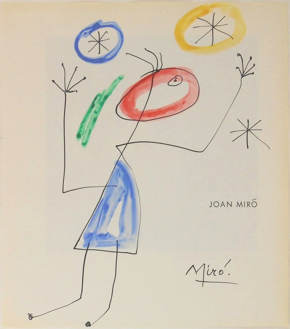 Joan Miro* (1893-1983) Watercolor & Ink Drawing (See Guarantee & Disclaimer): Watercolor and ink souvenir drawing on printed book page, signed (Joan Miro*, 1893-1983). 9 3/8 x 8 1/4 inches. Very good condition, having no visible damage or repairs. Removed from frame for inspect