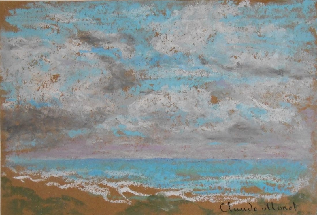 Claude Monet* (1840-1926) Pastel (See Guarantee & Disclaimer): Pastel on light brownish-tan paper laid down to museum board, beach scape at sunrise, signed and dated (Claude Monet*, 1840-1926). 6 3/4 x 8 1/4 inches. Very good condition overall; no visible damage