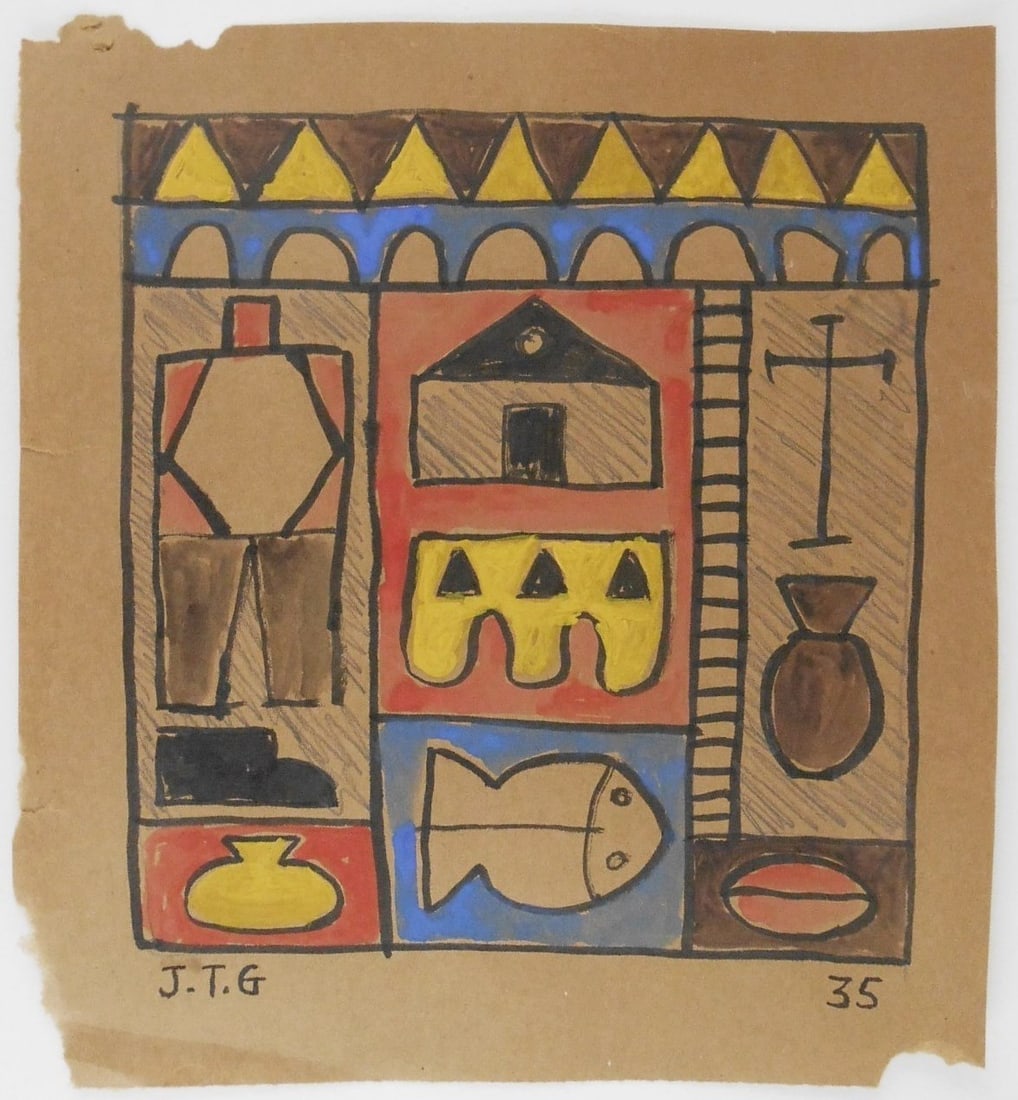 Joaquin Torres-Garcia* (1874-1949) Watercolor (See Guarantee & Disclaimer): Watercolor and black ink with pencil on thin brown paper, constructive composition, signed with the artist's initials and dated (Joaquin Torres-Garcia*, 1874-1949). 8 3/4 x 8 inches. A few margin chip