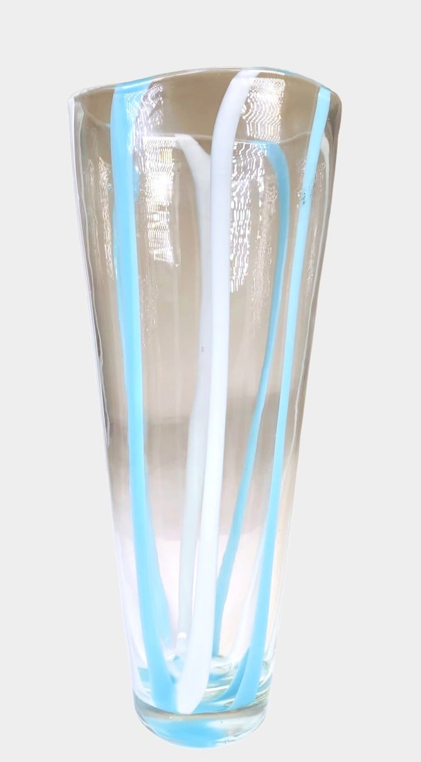 Murano Glass Vase, Mid-20th Century: Hand blown blue and white Murano glass vase, circa mid-20th century. Very good condition. H. 12 inches W. 5 inches