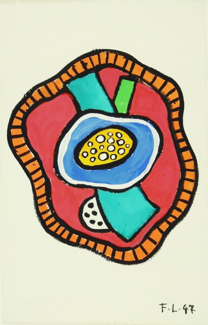 Fernand Leger* (1881-1955) Gouache (See Guarantee & Disclaimer): Gouache on wove paper, untitled abstract, signed with the artist's initials and dated '47 (Fernand Leger*, 1881-1955). 7 1/8 x 4 1/2 inches. Very good condition overall, having no apparent damage or r