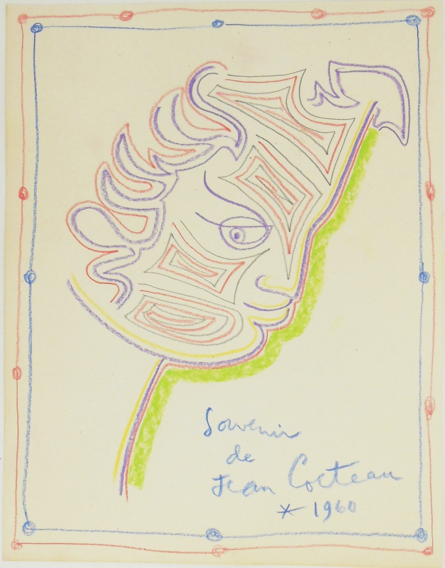 Jean Cocteau* (1889-1963) Colored Pencil (See Guarantee & Disclaimer): Mixed media drawing (pencil, colored pencil, and green chalk) on wove paper, Orpheus with arabesques, pencil signed, inscribed, and dated 1960 (Jean Cocteau*, 1889-1963). 11 3/8 x 8 7/8 inches. Excell