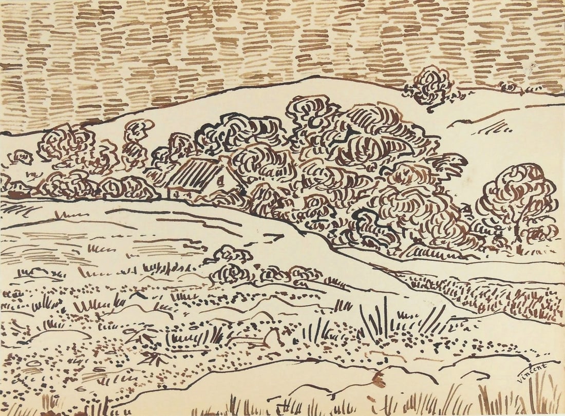Vincent Van Gogh* (1853-1890) Pen & Ink Drawing (See Guarantee & Disclaimer): Pen and ink drawing on laid paper, landscape with house, signed (Vincent van Gogh*, 1853-1890). 6 3/4 x 9 inches. Very good condition, having no readily apparent damage or repairs. Removed from frame 